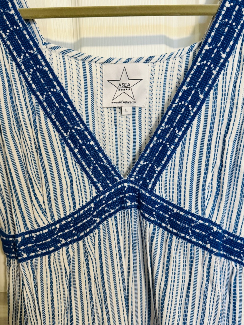 AREA Stars Blue White Striped Tiered Dress Size L Boho Summer Maxi Sundress - Picture 3 of 6